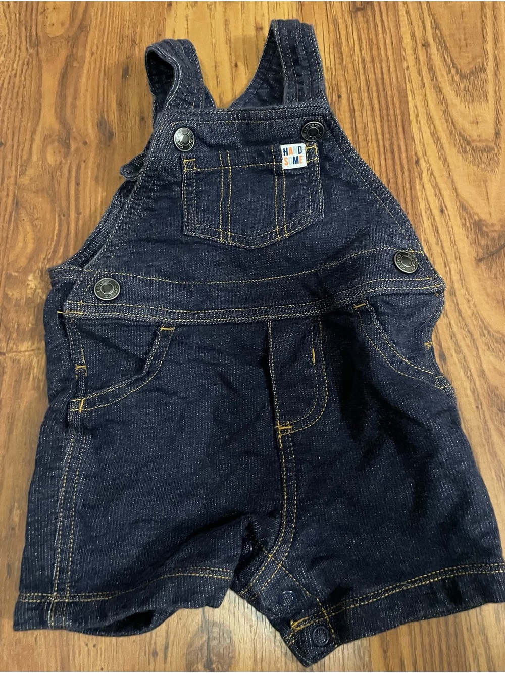 Carter's Dark Indigo Denim Shortall Bodysuit with Yellow Stitching